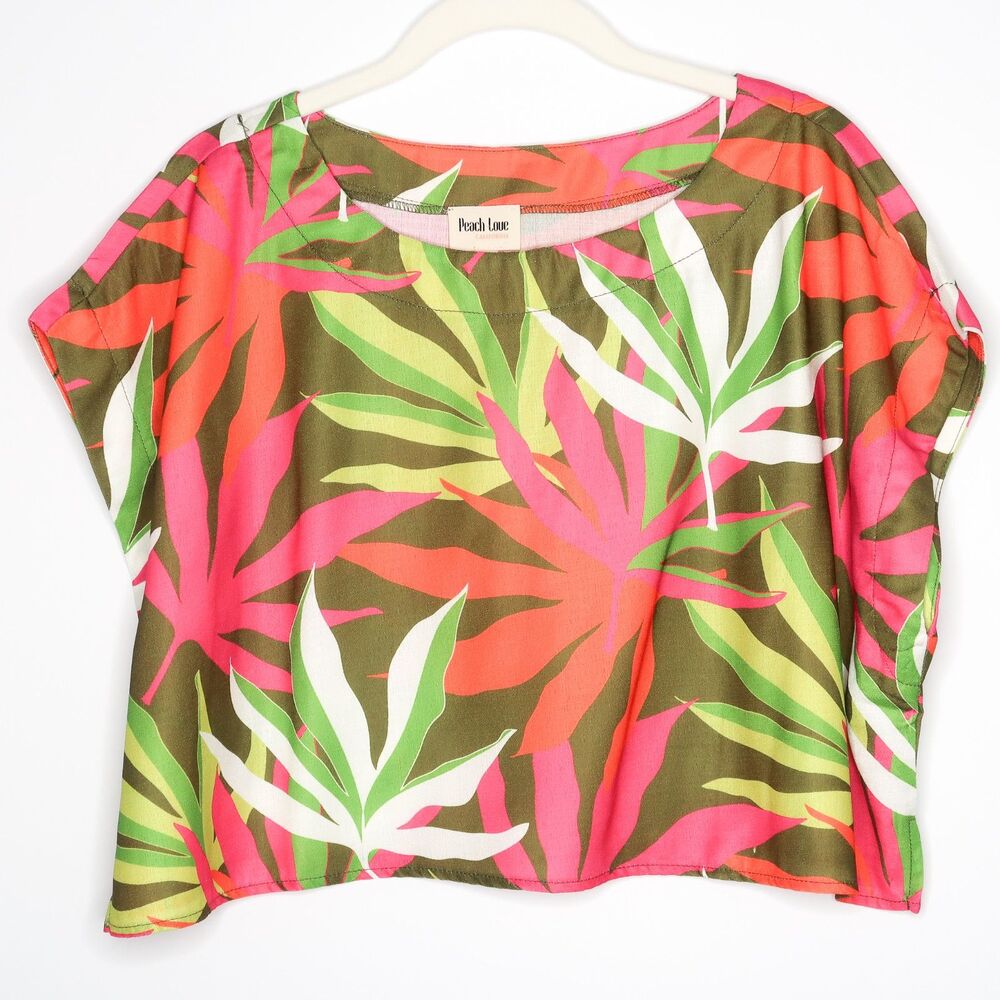 Peach Love California Womens Top Size Large Cropped‎ Multicolor Tropical